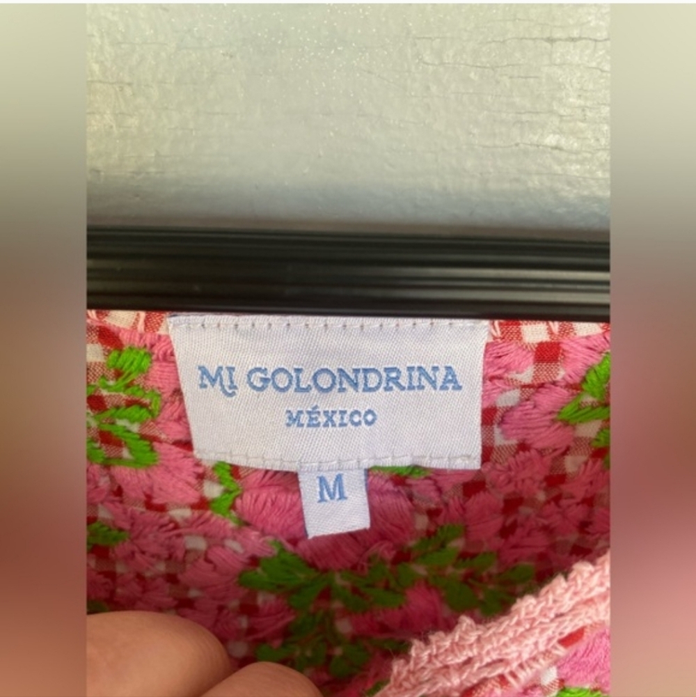 Mi Golondrina Pink & Green Gingham Floral Embrodiered Mexican Top Medium - Picture 3 of 4